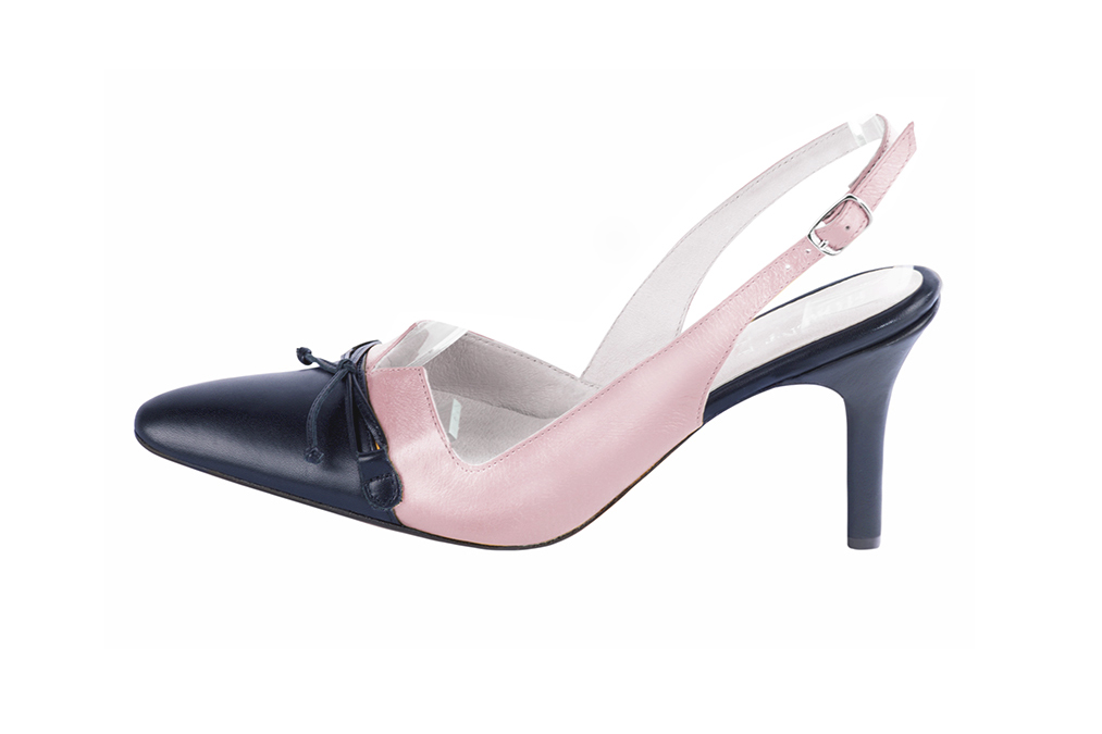Navy blue and light pink women's open back shoes, with a knot. Tapered toe. High slim heel. Profile view - Florence KOOIJMAN